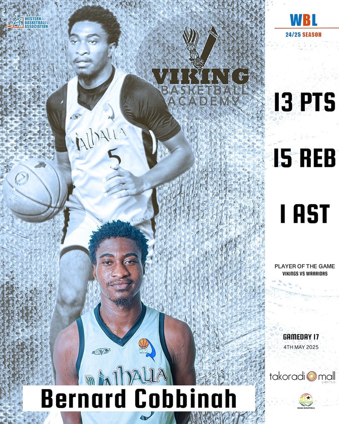 🏀⭐ Player of the Game – Bernard Cobbinah! In last week’s clash against the Warriors, Bernard Cobbinah dominated the court with 13 points, 15 rebounds,