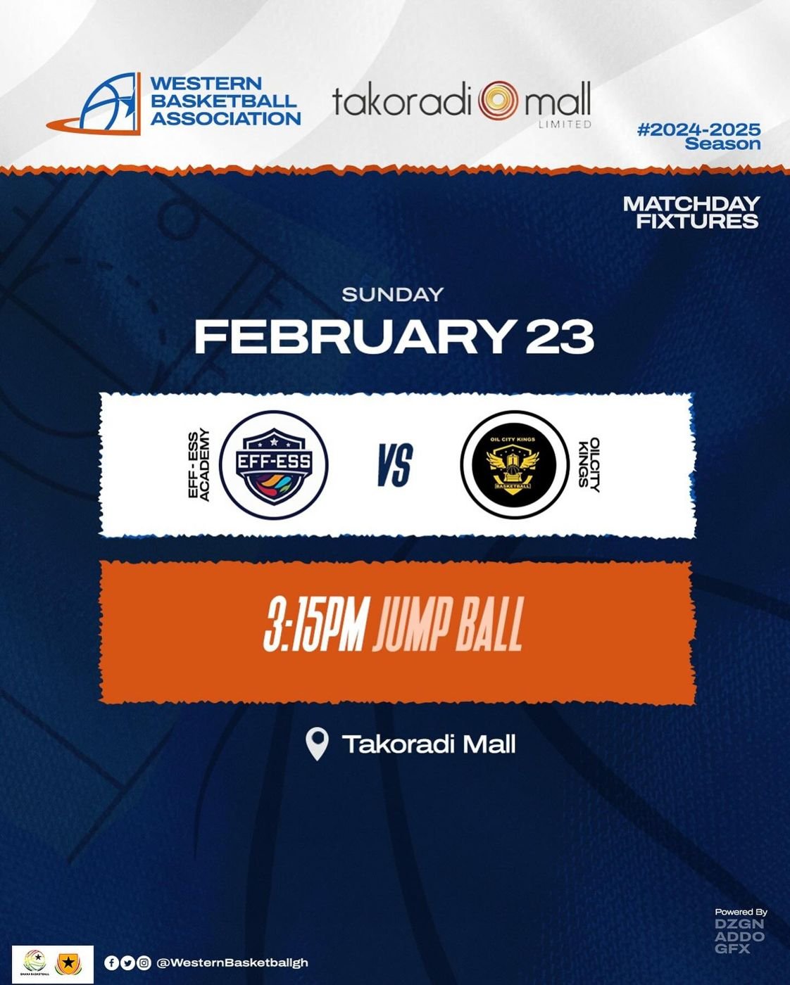 Join us this Sunday for another exciting round of the Western Basketball League at the Takoradi Mall! The first and only game features Eff-Ess Vs Oil 