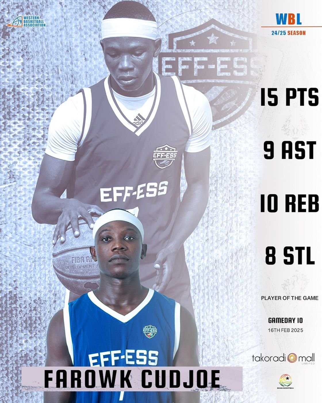 Near Quadruple-Double Alert! 🚨🔥 Farowk Cudjoe delivered a sensational all-around performance for Eff-Ess, finishing with 15 points, 9 assists, 10 rebo