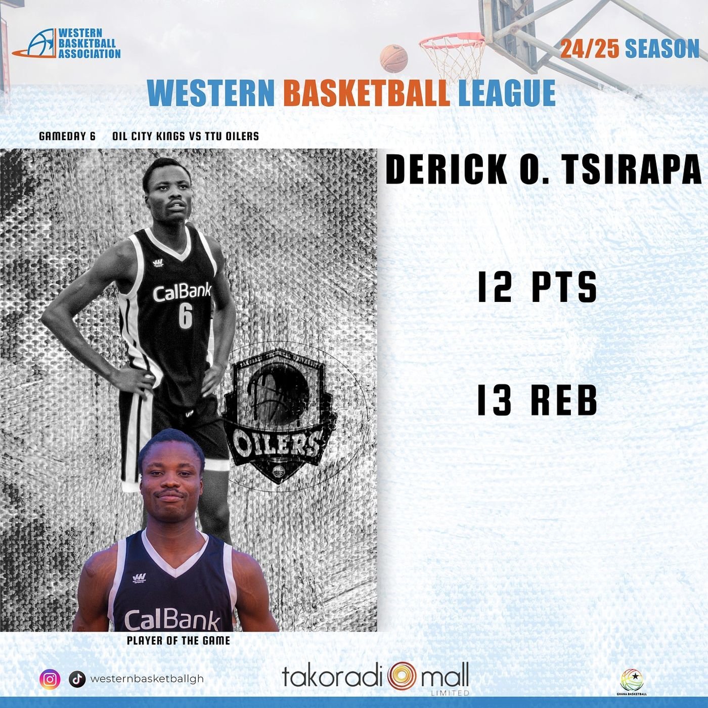Derick Otu Tsirapa of Oilers dominated the boards! 🏀💪 With 12 points and 13 rebounds, he was named Player of the Game in last Sunday’s showdown betwee
