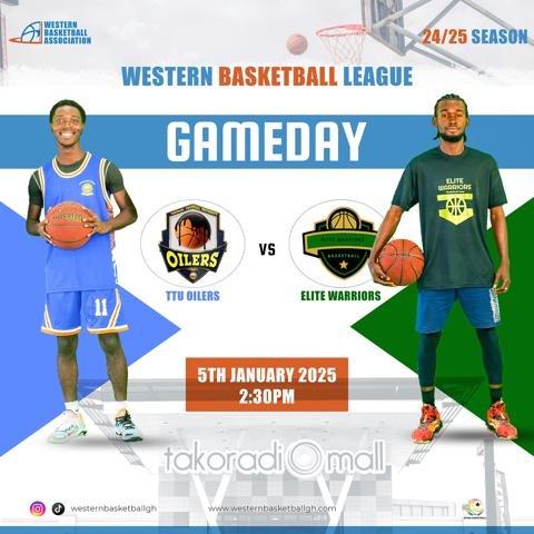 Join us this Sunday for another exciting round of the Western Basketball League at the Takoradi Mall! First game features TTU Oilers vs Elite Warriors