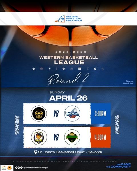 Matchday fixtures, Sunday 26 April 2026: Oilcity Kings v Ahanta Whales and TTU Oilers v Elite Warriors, St. John's Basketball Court, Sekondi
