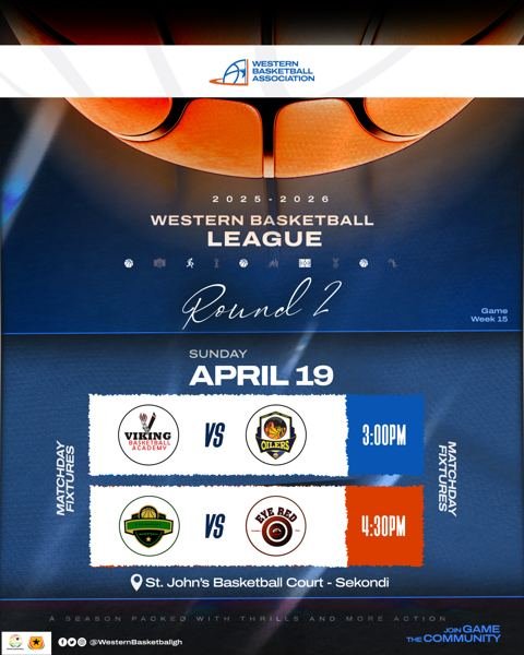 Matchday fixtures, Sunday 19 April 2026: Vikings v TTU Oilers and Elite Warriors v Eye Red, St. John's Basketball Court, Sekondi
