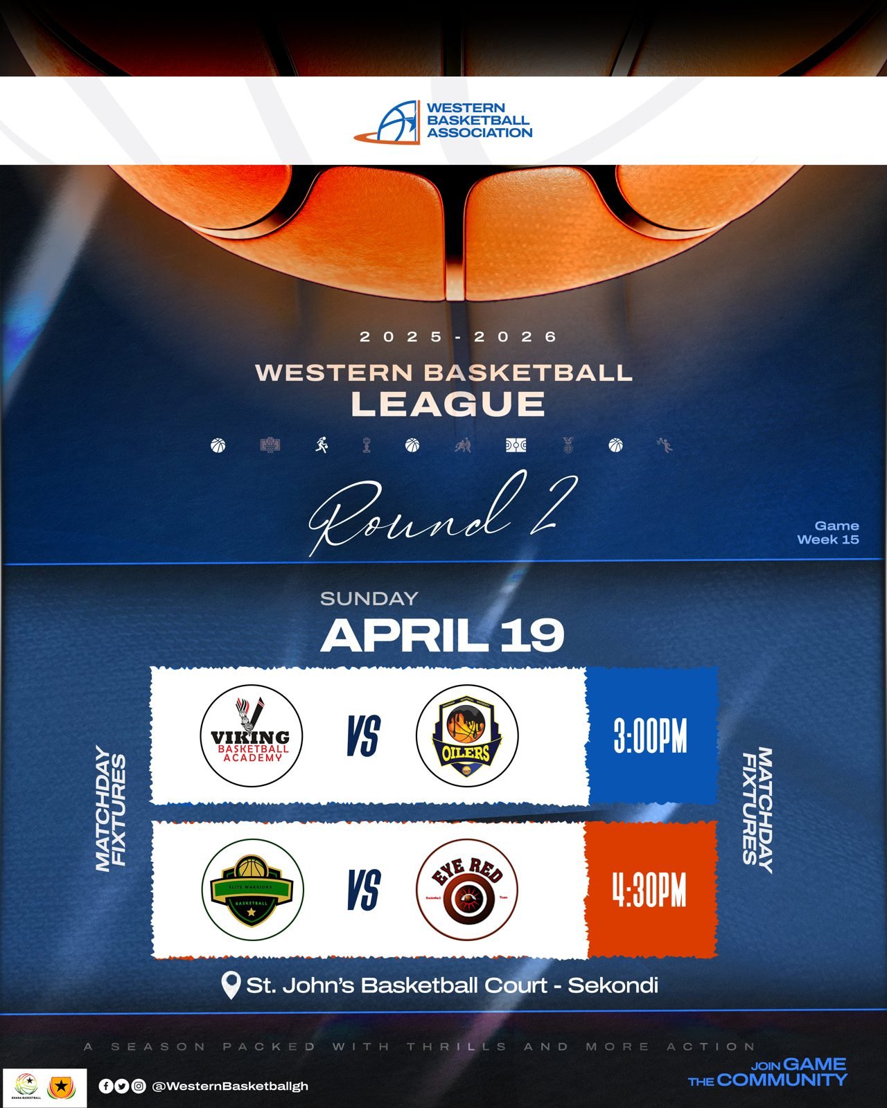Matchday fixtures, Sunday 19 April 2026: Vikings v TTU Oilers and Elite Warriors v Eye Red, St. John's Basketball Court, Sekondi