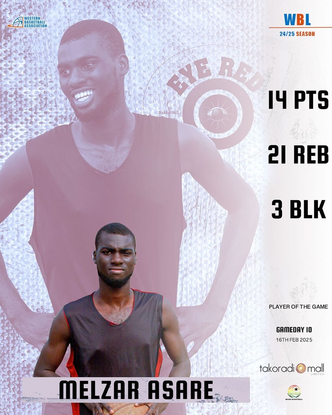 Dominating the Paint! 🔥🏀 Melzar Asare was unstoppable for Eye Red, securing 14 points, 21 rebounds, and 3 blocks to earn Player of the Game honors