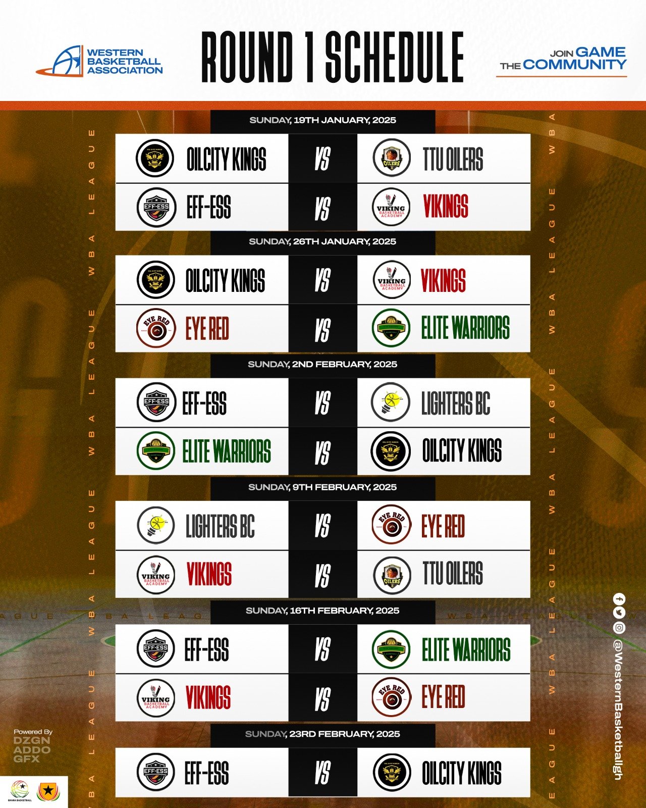WBA League 2024/25 Round 1 schedule, 19 January to 23 February 2025